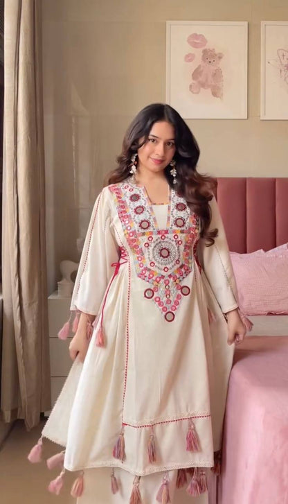 Off White Pure Khadi Cotton Embroidery Mirror Work Palazzo Suit