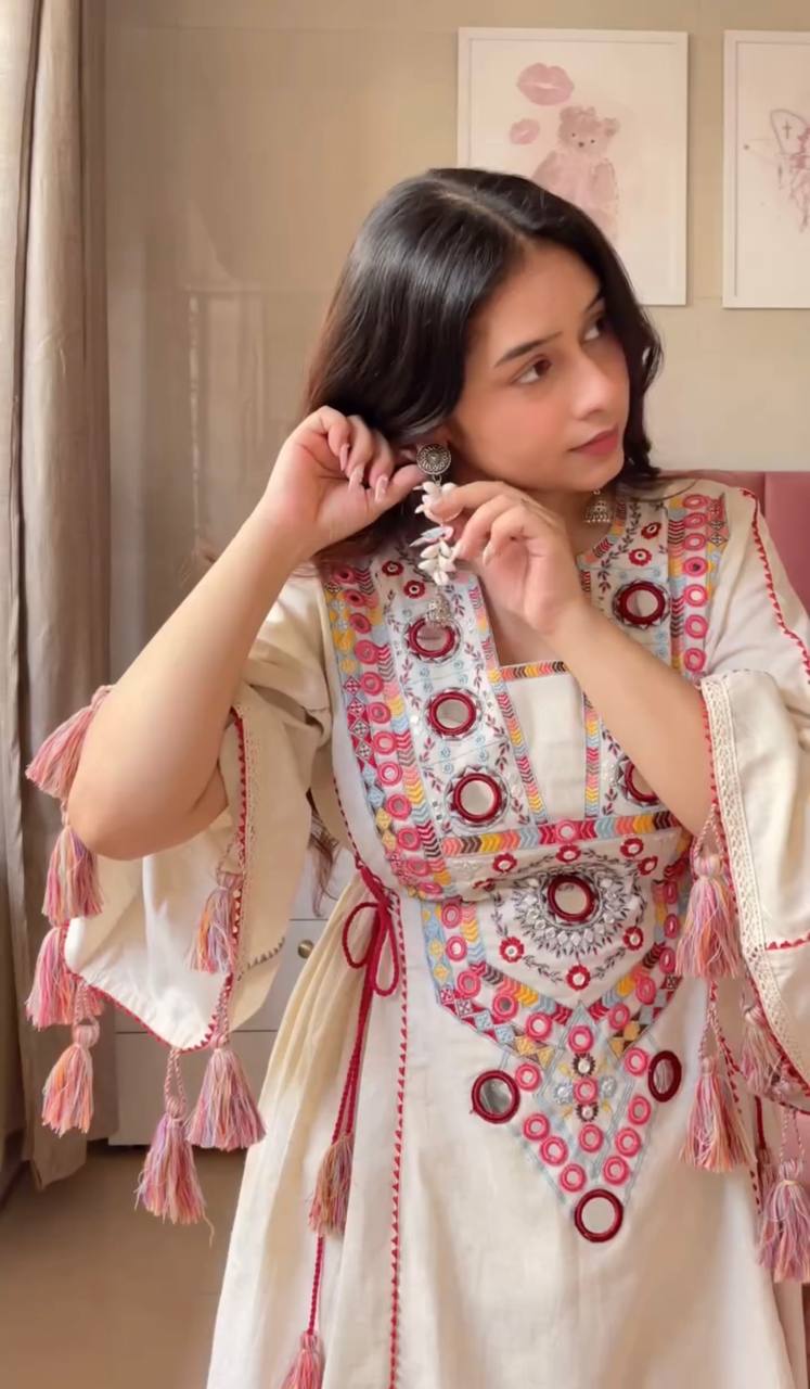 Off White Pure Khadi Cotton Embroidery Mirror Work Palazzo Suit