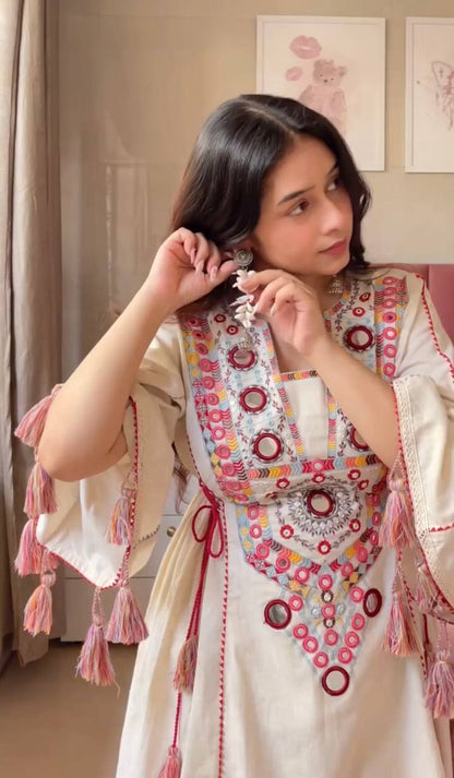 Off White Pure Khadi Cotton Embroidery Mirror Work Palazzo Suit