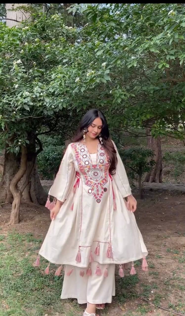 Off White Pure Khadi Cotton Embroidery Mirror Work Palazzo Suit