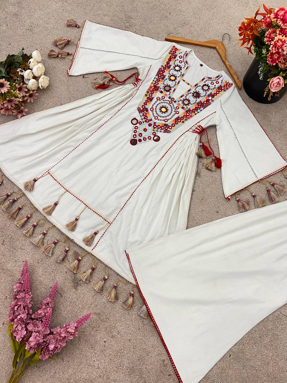 Off White Pure Khadi Cotton Embroidery Mirror Work Palazzo Suit
