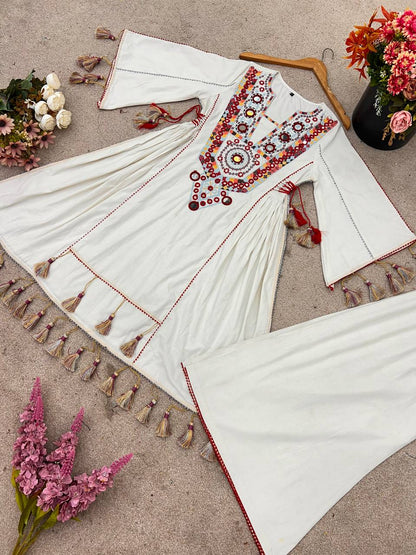 Off White Pure Khadi Cotton Embroidery Mirror Work Palazzo Suit