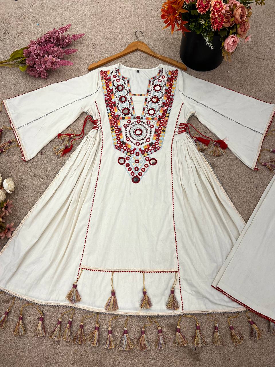 Off White Pure Khadi Cotton Embroidery Mirror Work Palazzo Suit