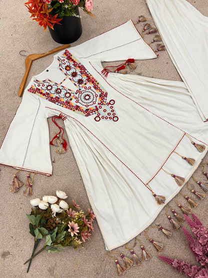 Off White Pure Khadi Cotton Embroidery Mirror Work Palazzo Suit