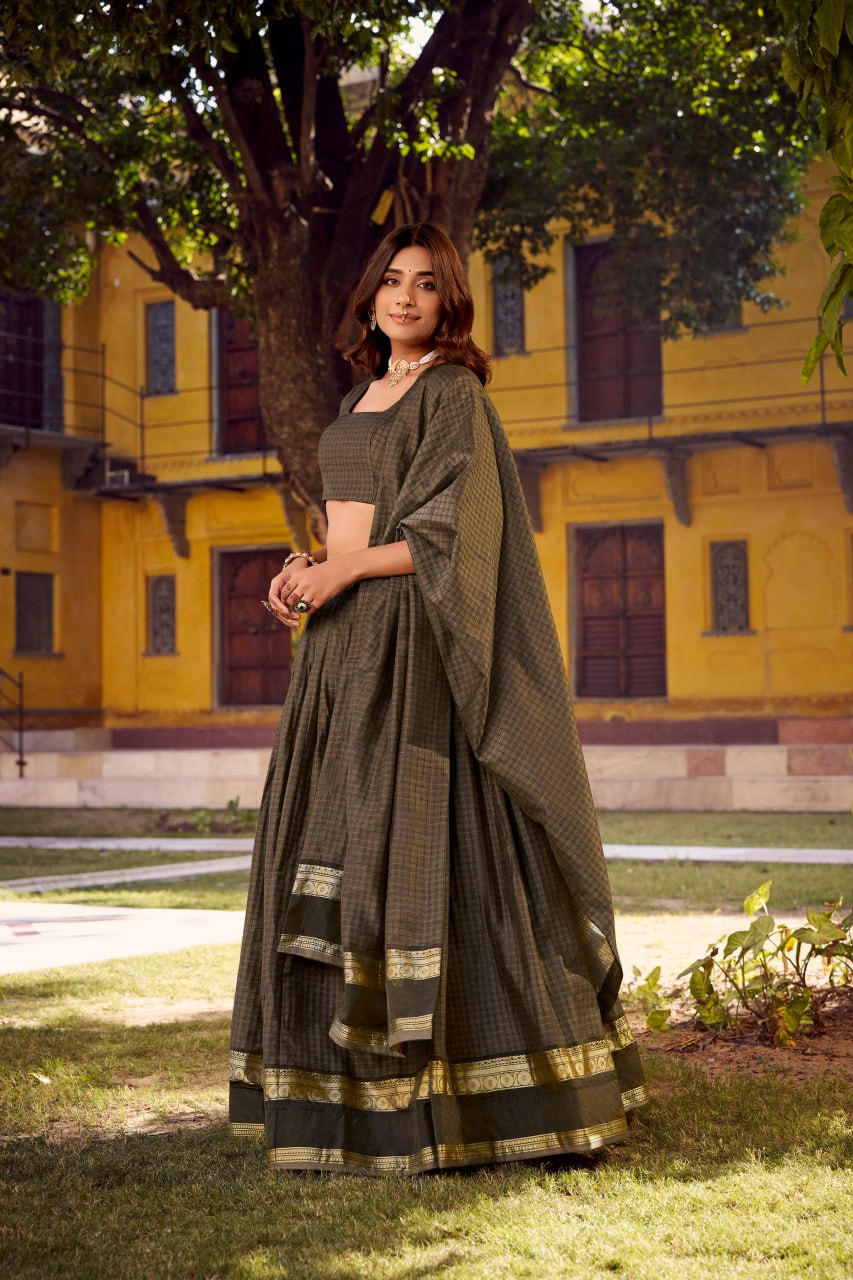 Olive Green Chettinad Cotton Lehenga Choli with Matching Dupatta