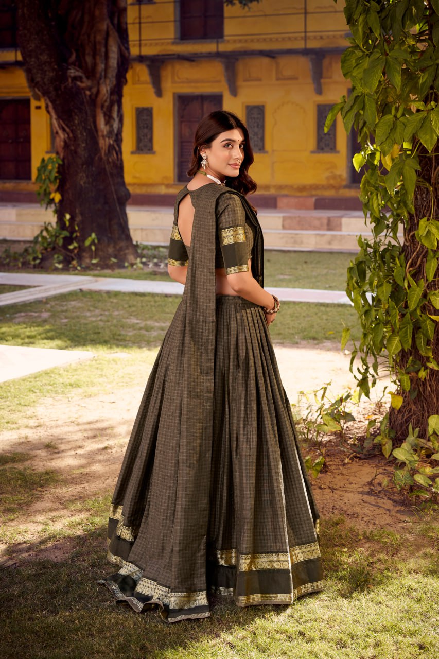 Olive Green Chettinad Cotton Lehenga Choli with Matching Dupatta