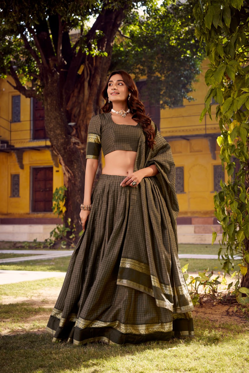 Olive Green Chettinad Cotton Lehenga Choli with Matching Dupatta