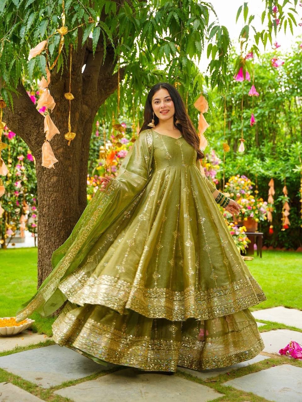 Olive Green Designer Crunchy Silk Top Bottom and Dupatta For Party Wear