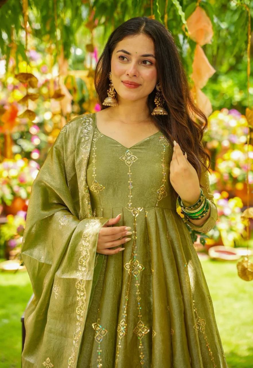 Olive Green Designer Crunchy Silk Top Bottom and Dupatta For Party Wear
