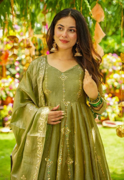 Olive Green Designer Crunchy Silk Top Bottom and Dupatta For Party Wear