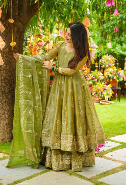 Olive Green Designer Crunchy Silk Top Bottom and Dupatta For Party Wear