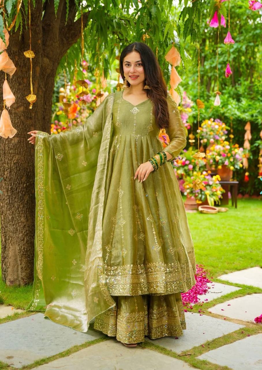 Olive Green Designer Crunchy Silk Top Bottom and Dupatta For Party Wear