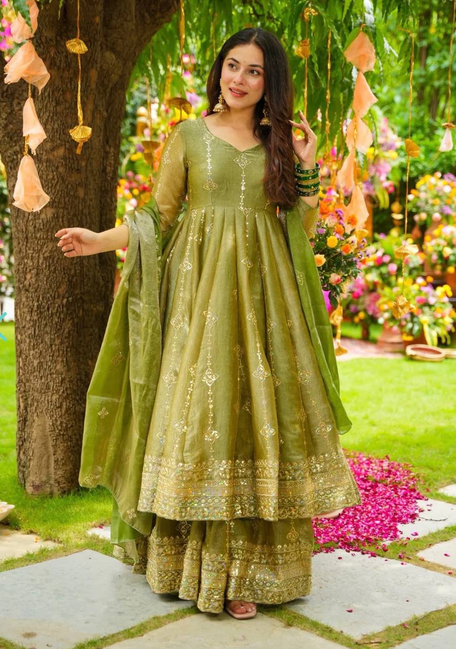 Olive Green Designer Crunchy Silk Top Bottom and Dupatta For Party Wear