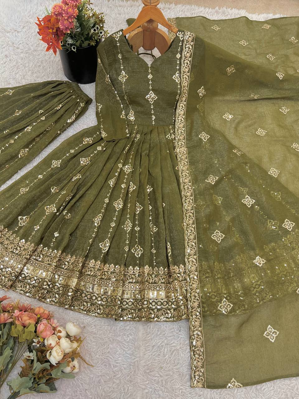 Olive Green Designer Crunchy Silk Top Bottom and Dupatta For Party Wear