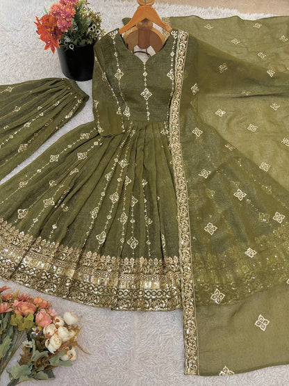 Olive Green Designer Crunchy Silk Top Bottom and Dupatta For Party Wear