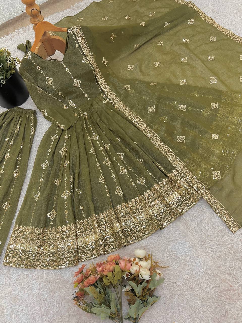 Olive Green Designer Crunchy Silk Top Bottom and Dupatta For Party Wear