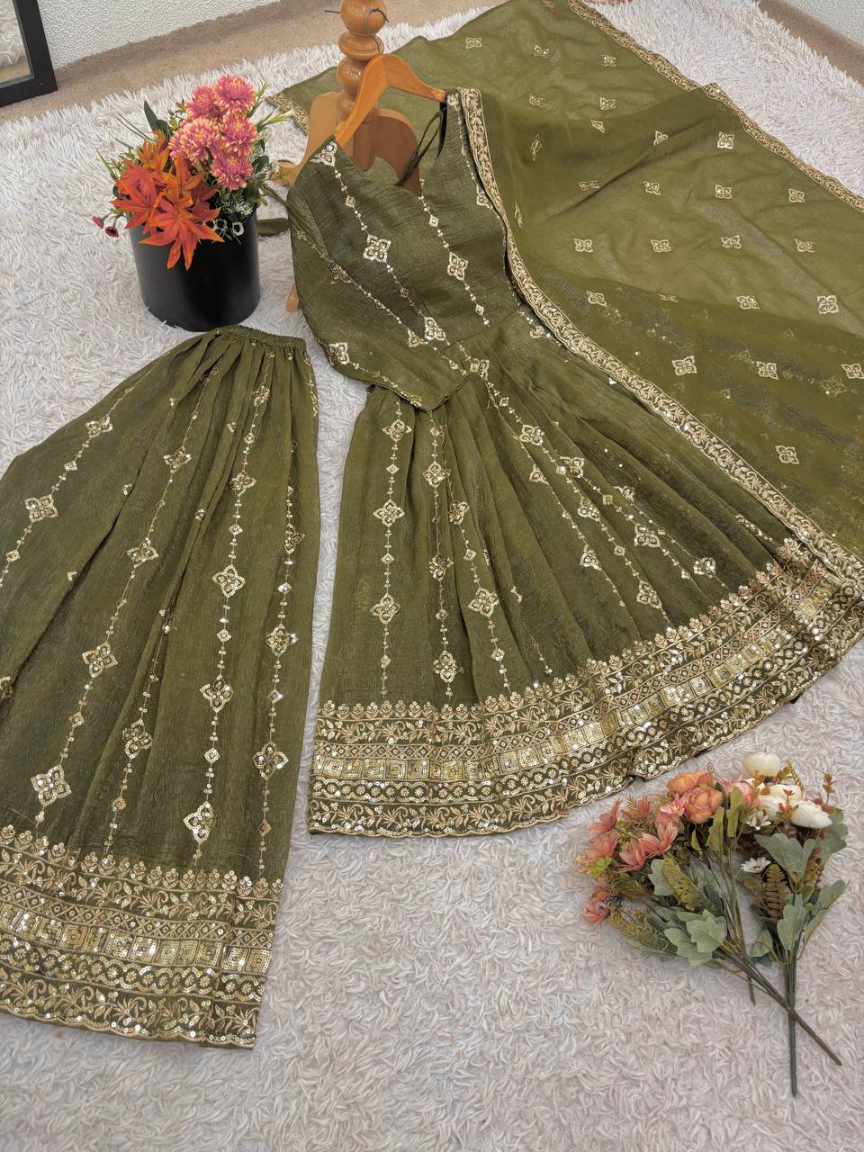 Olive Green Designer Crunchy Silk Top Bottom and Dupatta For Party Wear