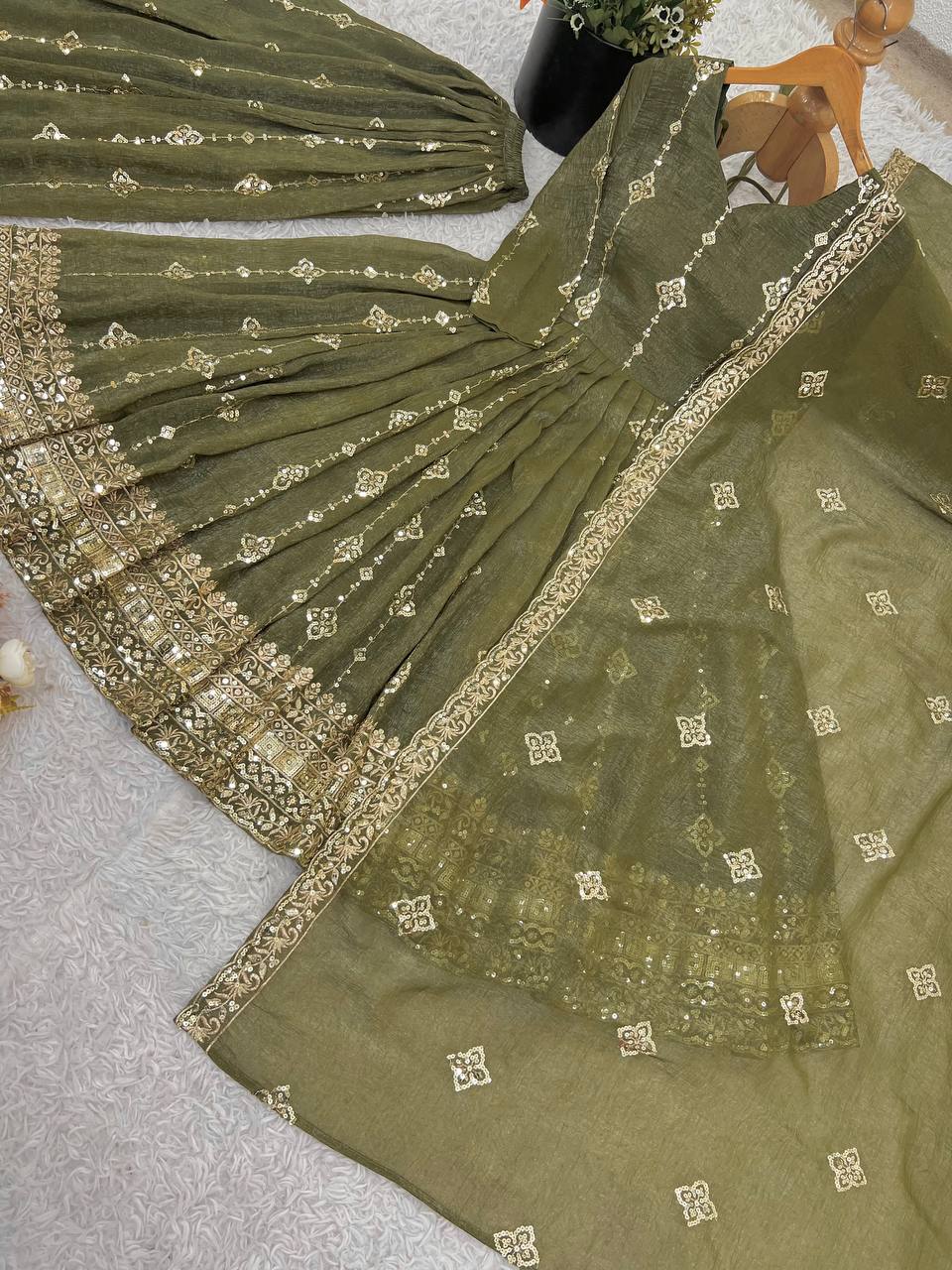 Olive Green Designer Crunchy Silk Top Bottom and Dupatta For Party Wear