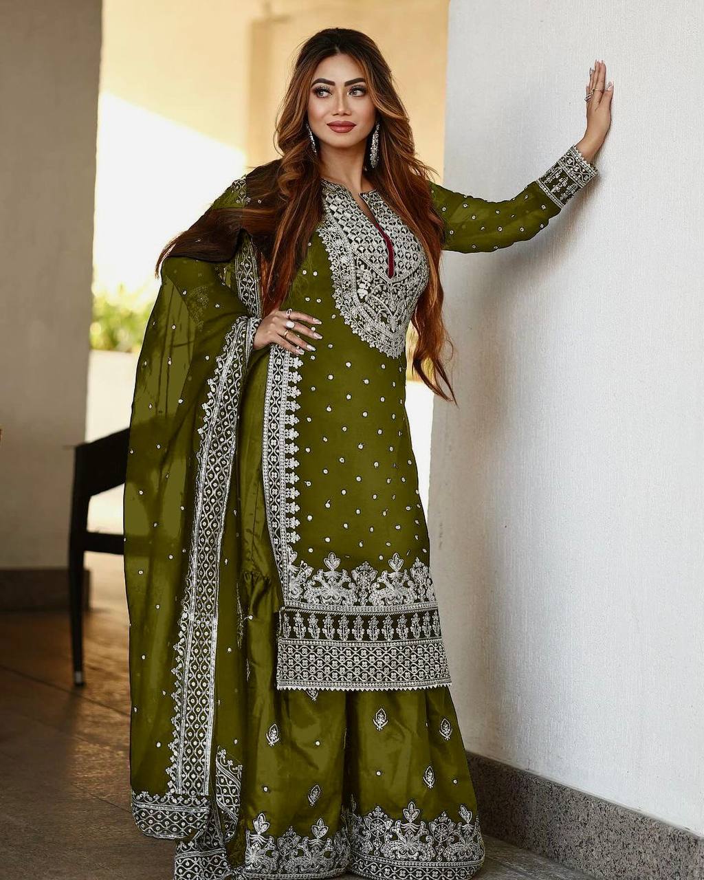 Olive Green Designer Faux Georgette Top Gharara & Dupatta For Party Wear