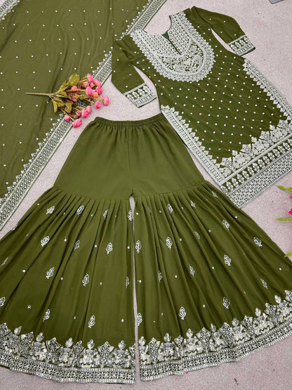 Olive Green Designer Faux Georgette Top Gharara & Dupatta For Party Wear