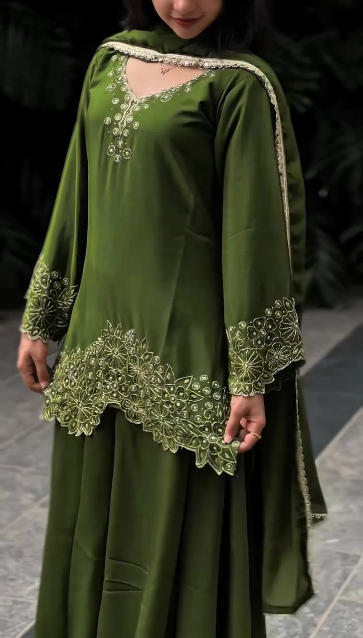 Olive Green Designer Georgette Sharara Suit and Dupatta For Party Wear