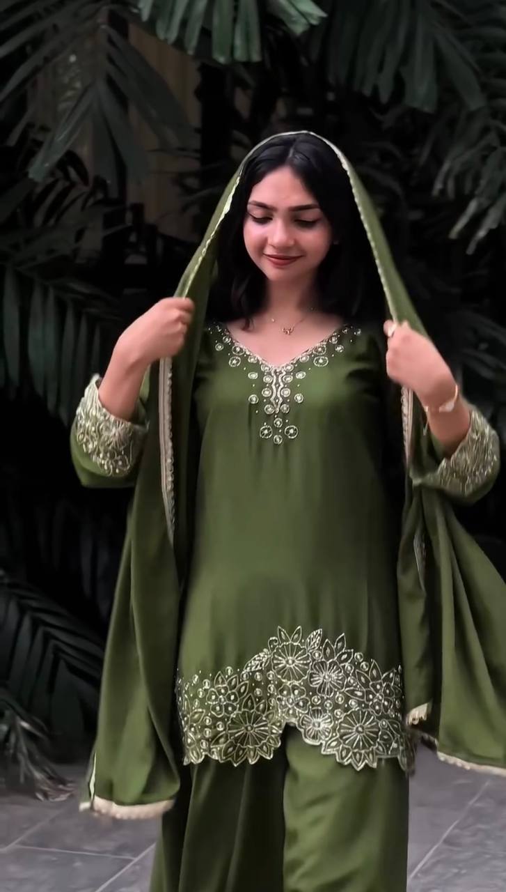 Olive Green Designer Georgette Sharara Suit and Dupatta For Party Wear