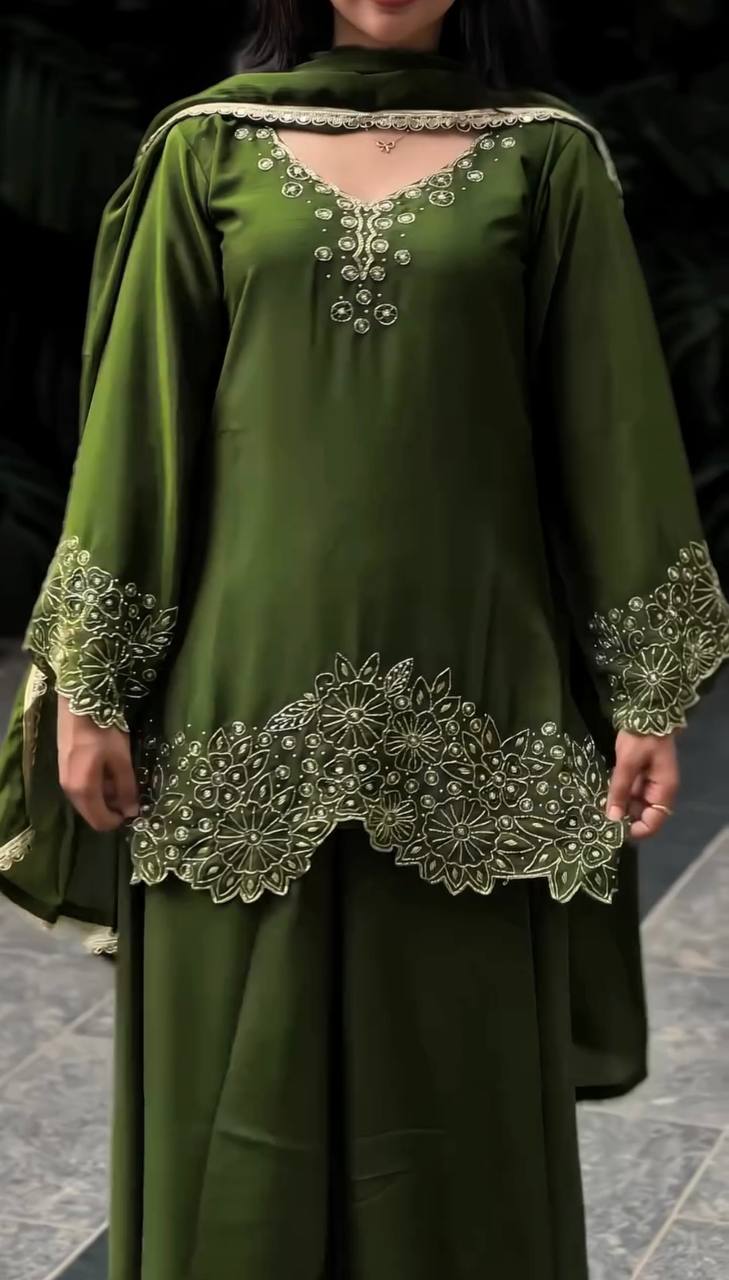 Olive Green Designer Georgette Sharara Suit and Dupatta For Party Wear