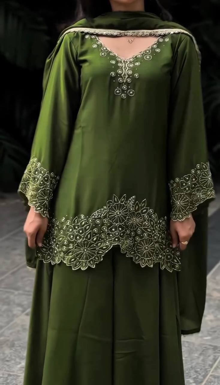 Olive Green Designer Georgette Sharara Suit and Dupatta For Party Wear