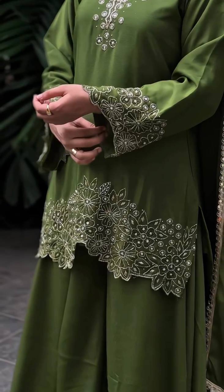 Olive Green Designer Georgette Sharara Suit and Dupatta For Party Wear