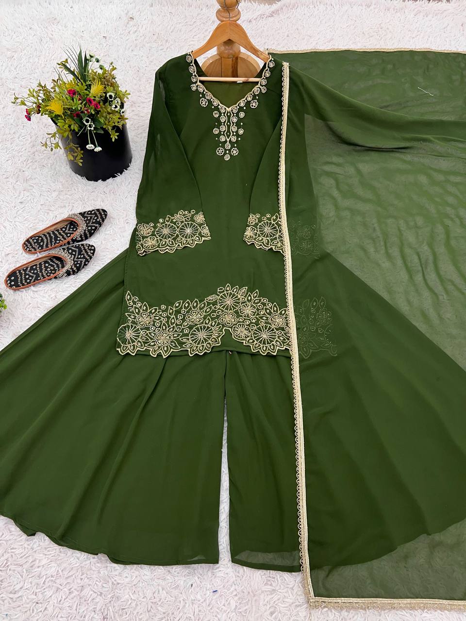 Olive Green Designer Georgette Sharara Suit and Dupatta For Party Wear