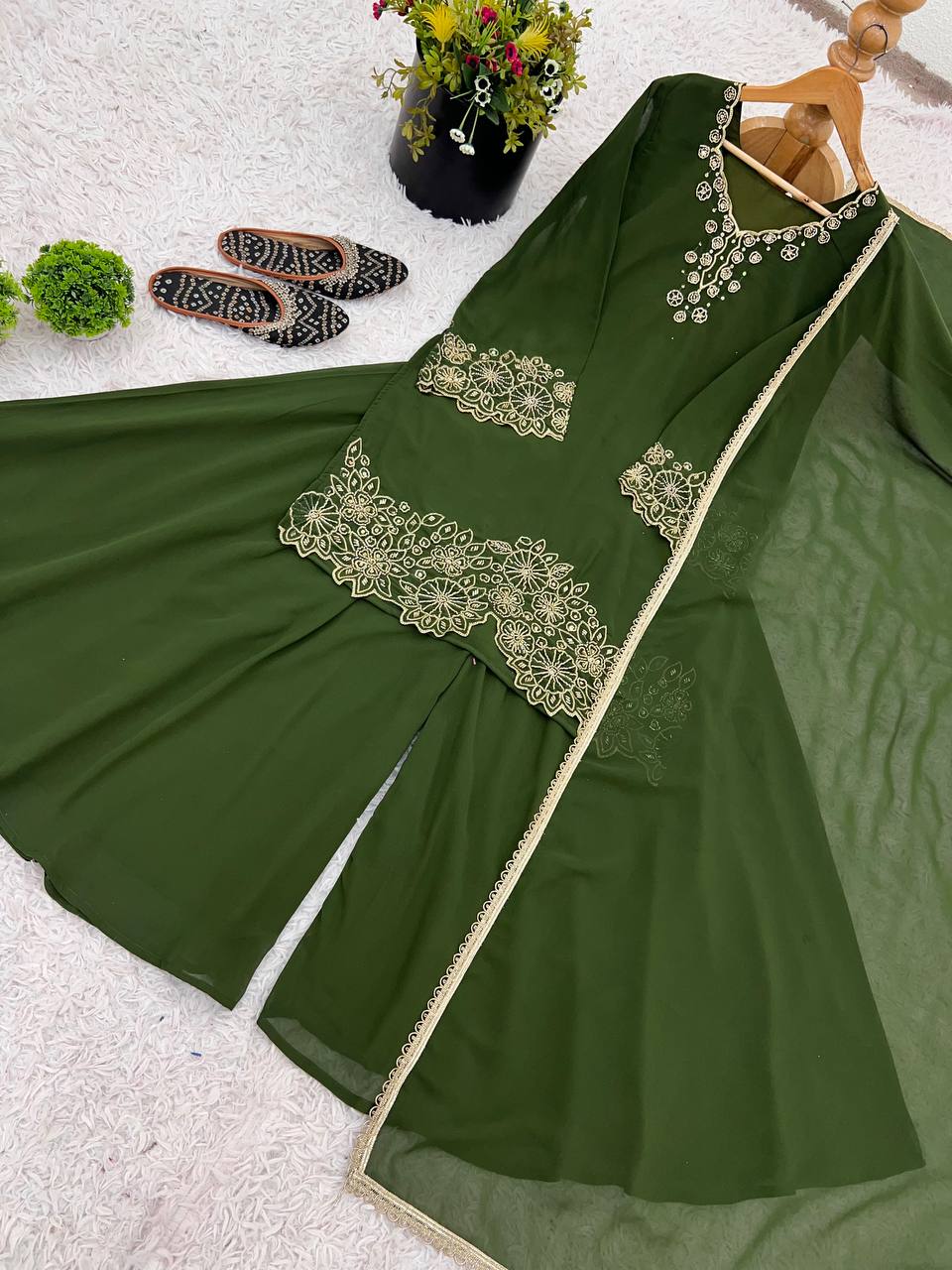 Olive Green Designer Georgette Sharara Suit and Dupatta For Party Wear