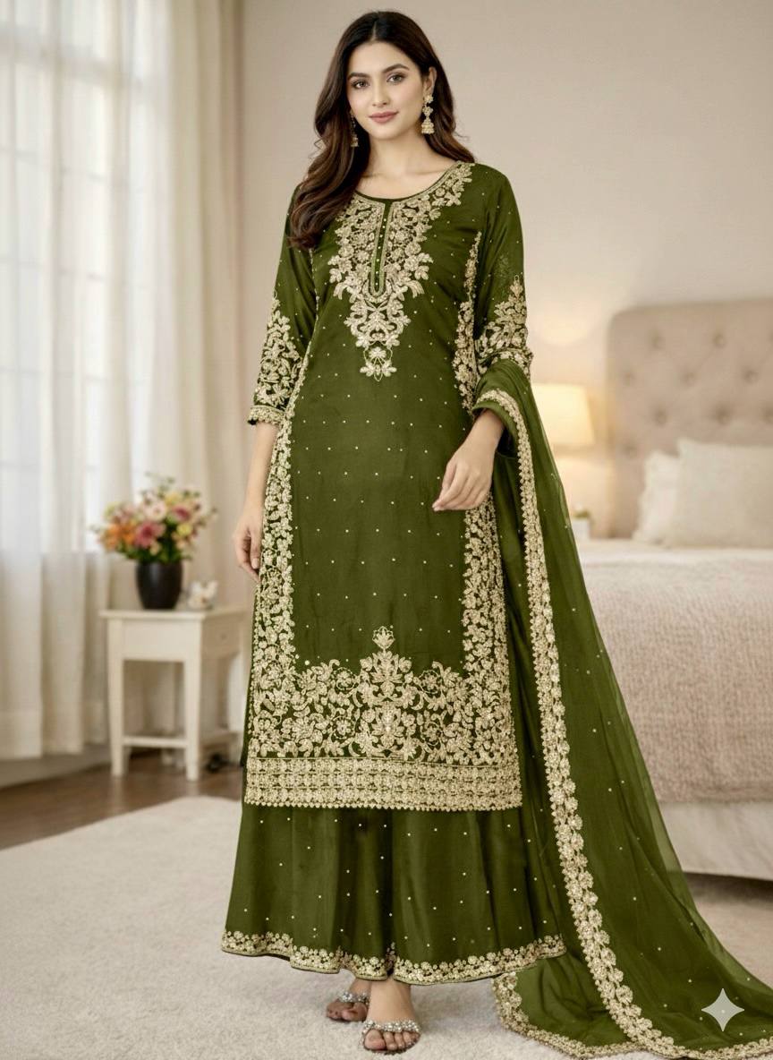 Olive Green Designer Pure GMY Silk Top Bottom and Dupatta For Party Wear