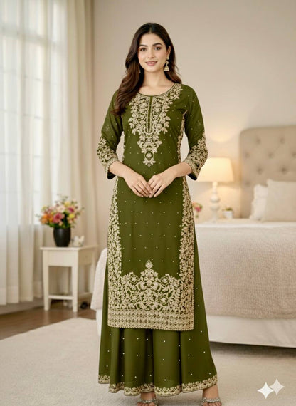 Olive Green Designer Pure GMY Silk Top Bottom and Dupatta For Party Wear