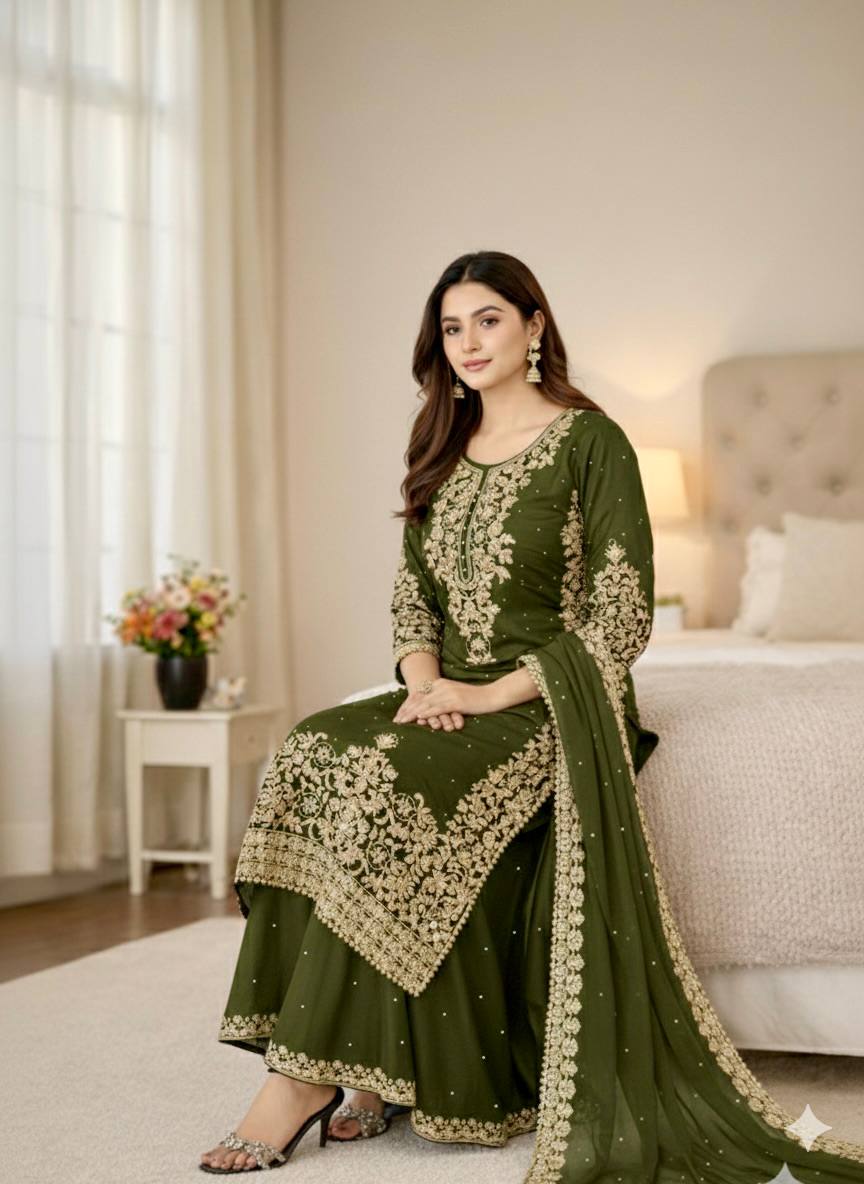 Olive Green Designer Pure GMY Silk Top Bottom and Dupatta For Party Wear