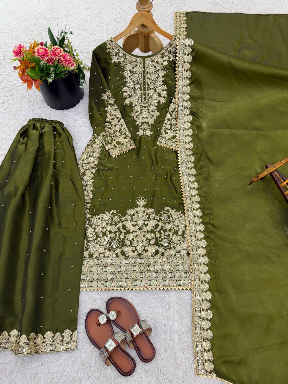 Olive Green Designer Pure GMY Silk Top Bottom and Dupatta For Party Wear