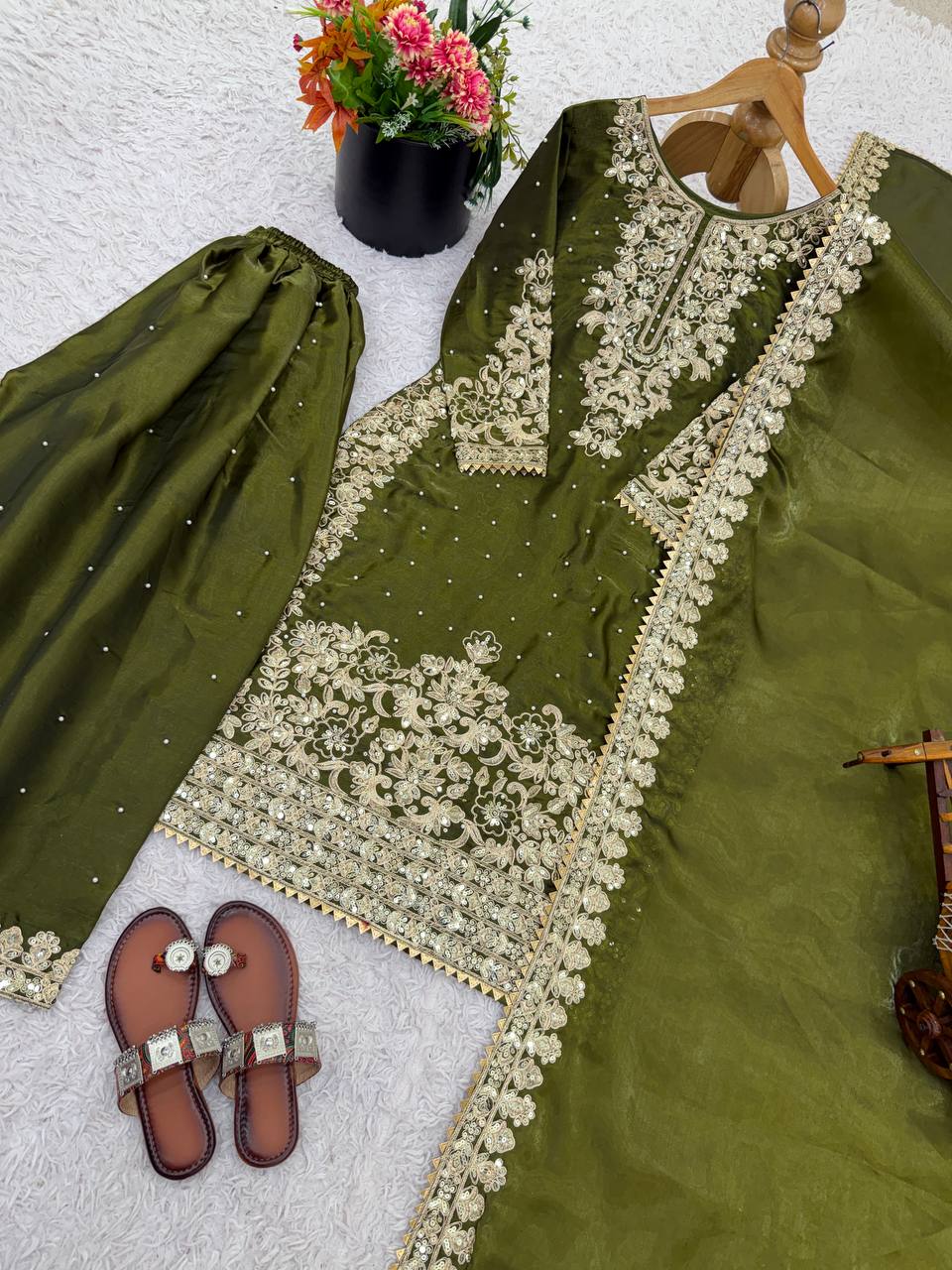 Olive Green Designer Pure GMY Silk Top Bottom and Dupatta For Party Wear