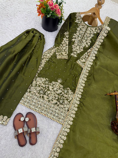 Olive Green Designer Pure GMY Silk Top Bottom and Dupatta For Party Wear