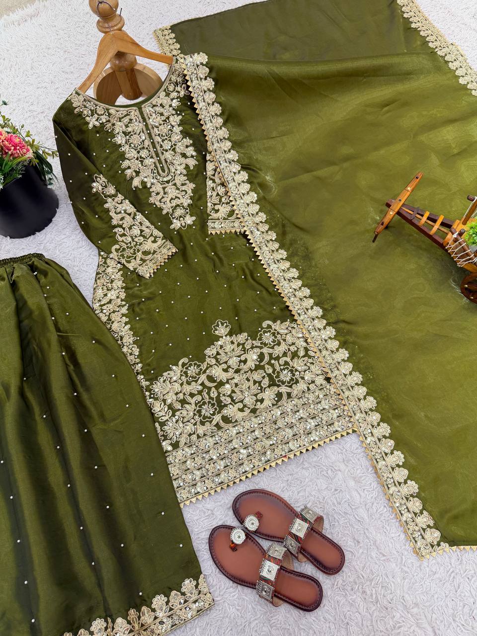 Olive Green Designer Pure GMY Silk Top Bottom and Dupatta For Party Wear
