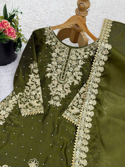 Olive Green Designer Pure GMY Silk Top Bottom and Dupatta For Party Wear