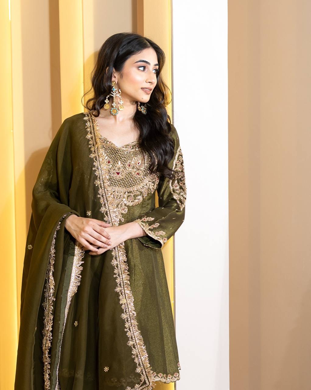 Olive Green Designer Simar Silk Top Pant and Dupatta For Party Wear