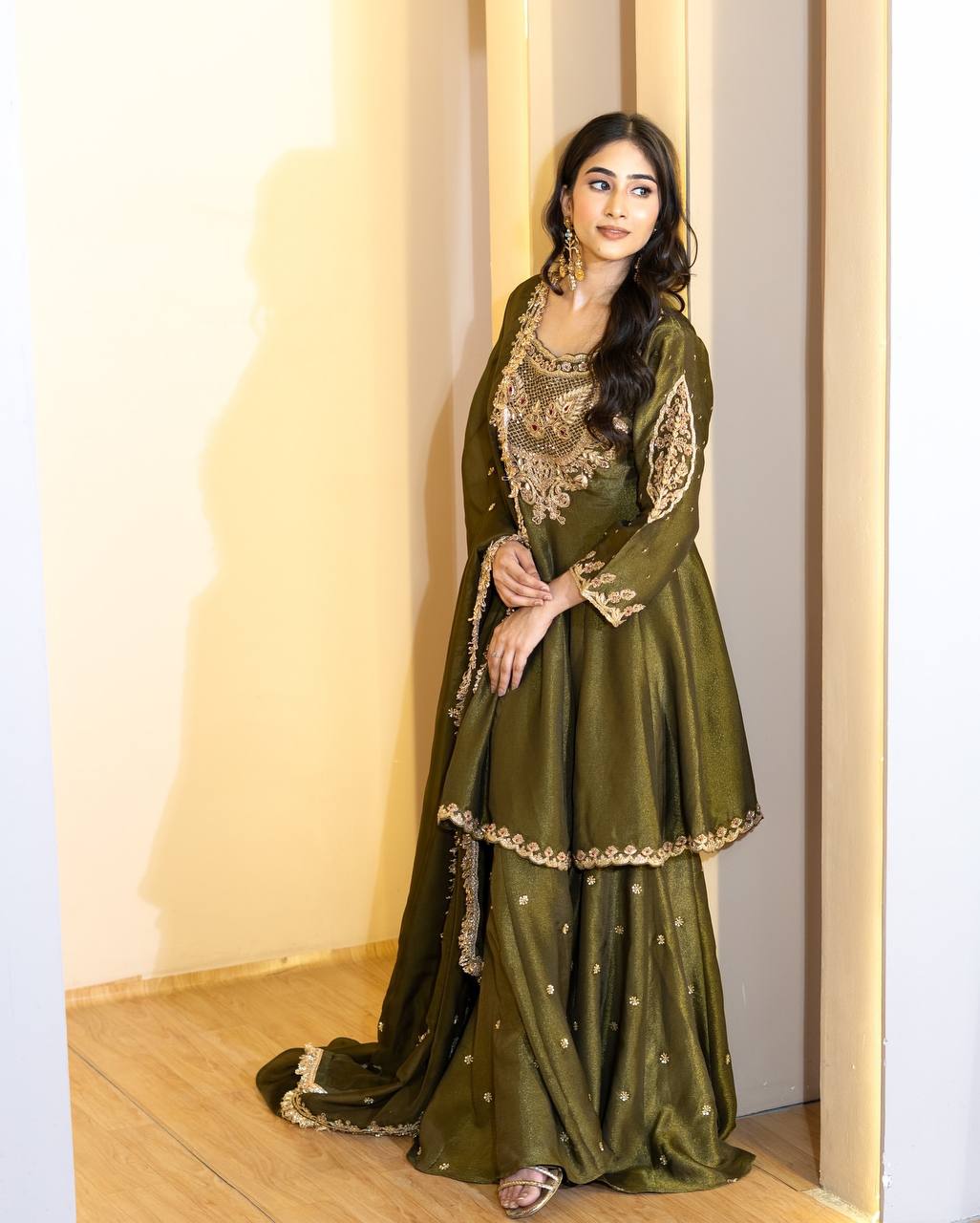 Olive Green Designer Simar Silk Top Pant and Dupatta For Party Wear