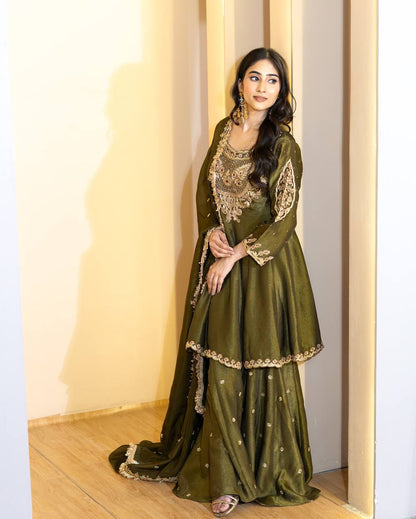 Olive Green Designer Simar Silk Top Pant and Dupatta For Party Wear