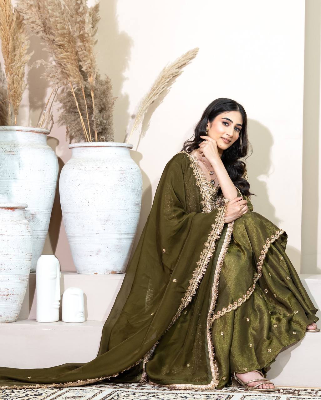 Olive Green Designer Simar Silk Top Pant and Dupatta For Party Wear