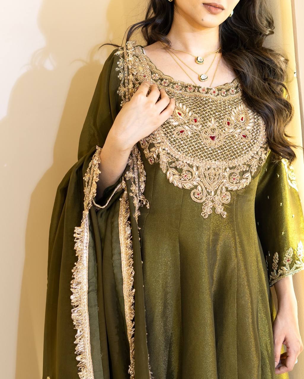 Olive Green Designer Simar Silk Top Pant and Dupatta For Party Wear