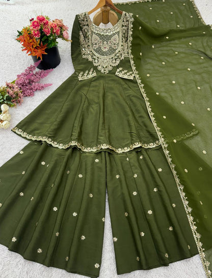 Olive Green Designer Simar Silk Top Pant and Dupatta For Party Wear