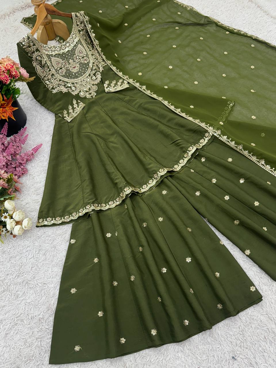 Olive Green Designer Simar Silk Top Pant and Dupatta For Party Wear