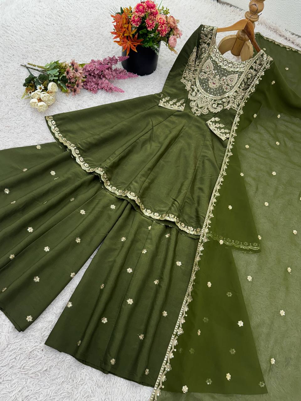 Olive Green Designer Simar Silk Top Pant and Dupatta For Party Wear