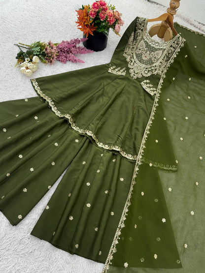 Olive Green Designer Simar Silk Top Pant and Dupatta For Party Wear