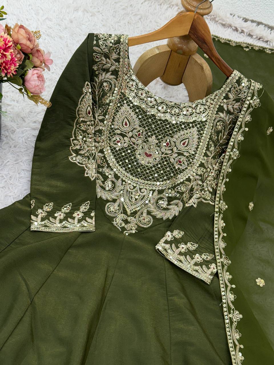Olive Green Designer Simar Silk Top Pant and Dupatta For Party Wear
