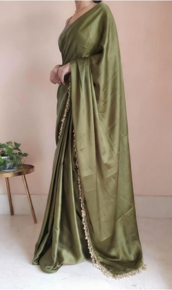 Olive Green Satin Saree with Contrast Malbari Weaving Blouse